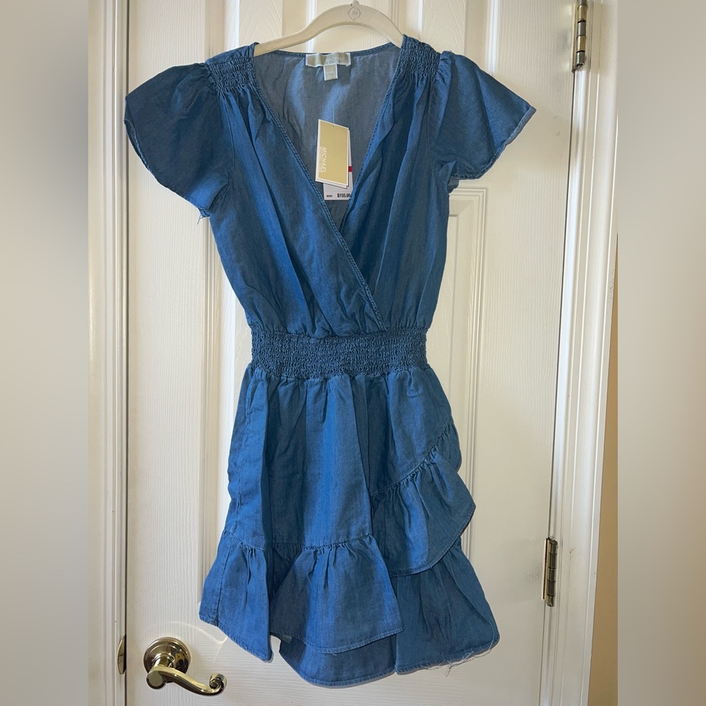 Michael Kors Petite faux wrap dress Lt cadet wash denim size P/XS